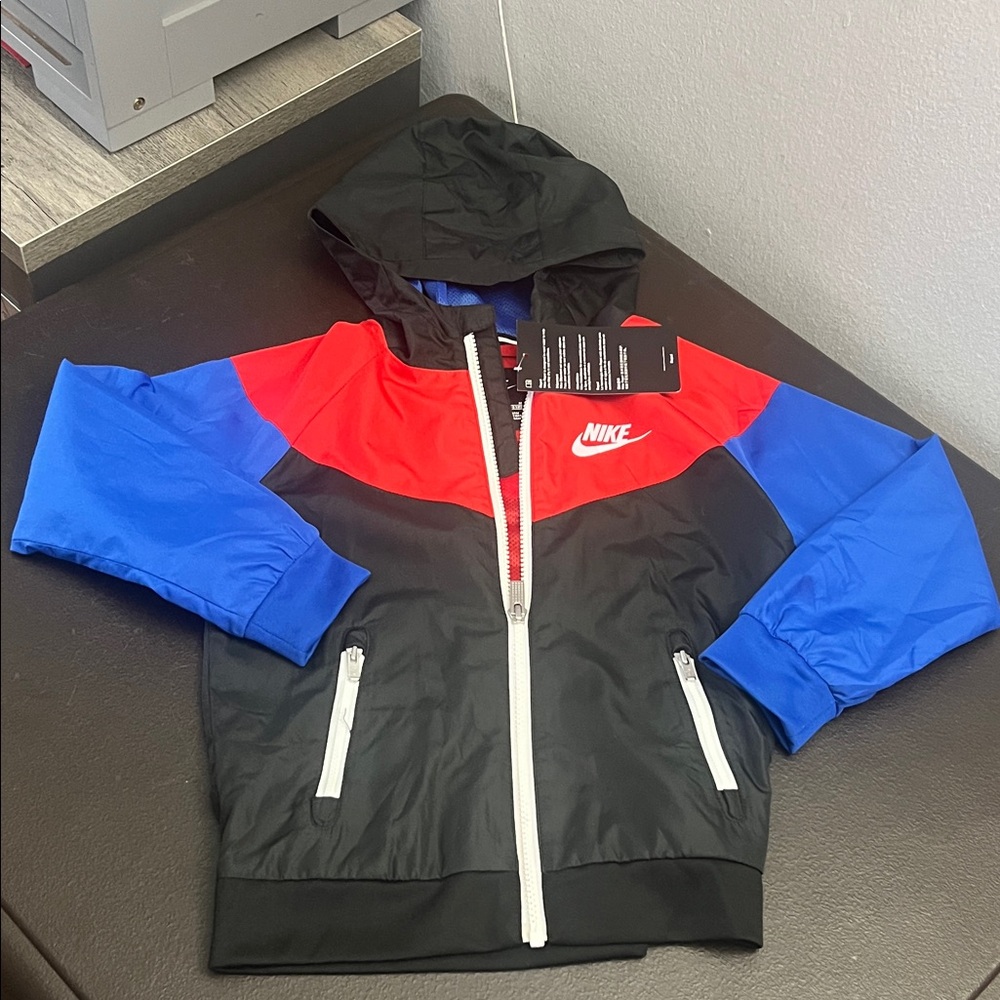 Nike Kids Colorblock Hooded Windbreaker Jacket - Black, Red, Blue